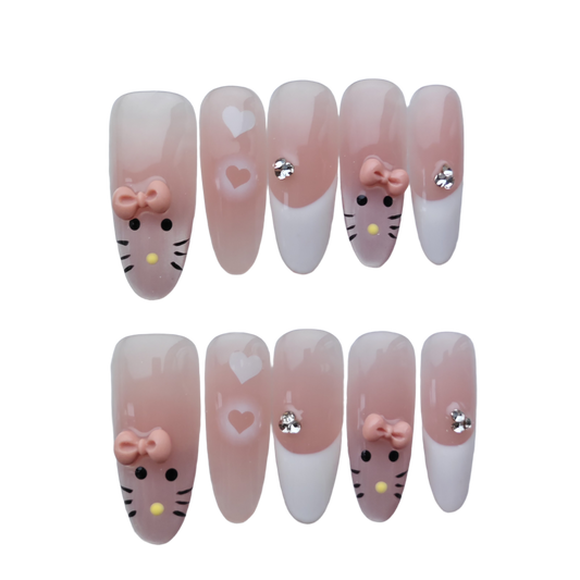 Cute Cartoon Cat Press-On Nails with Bows, Hearts & Rhinestone Accents