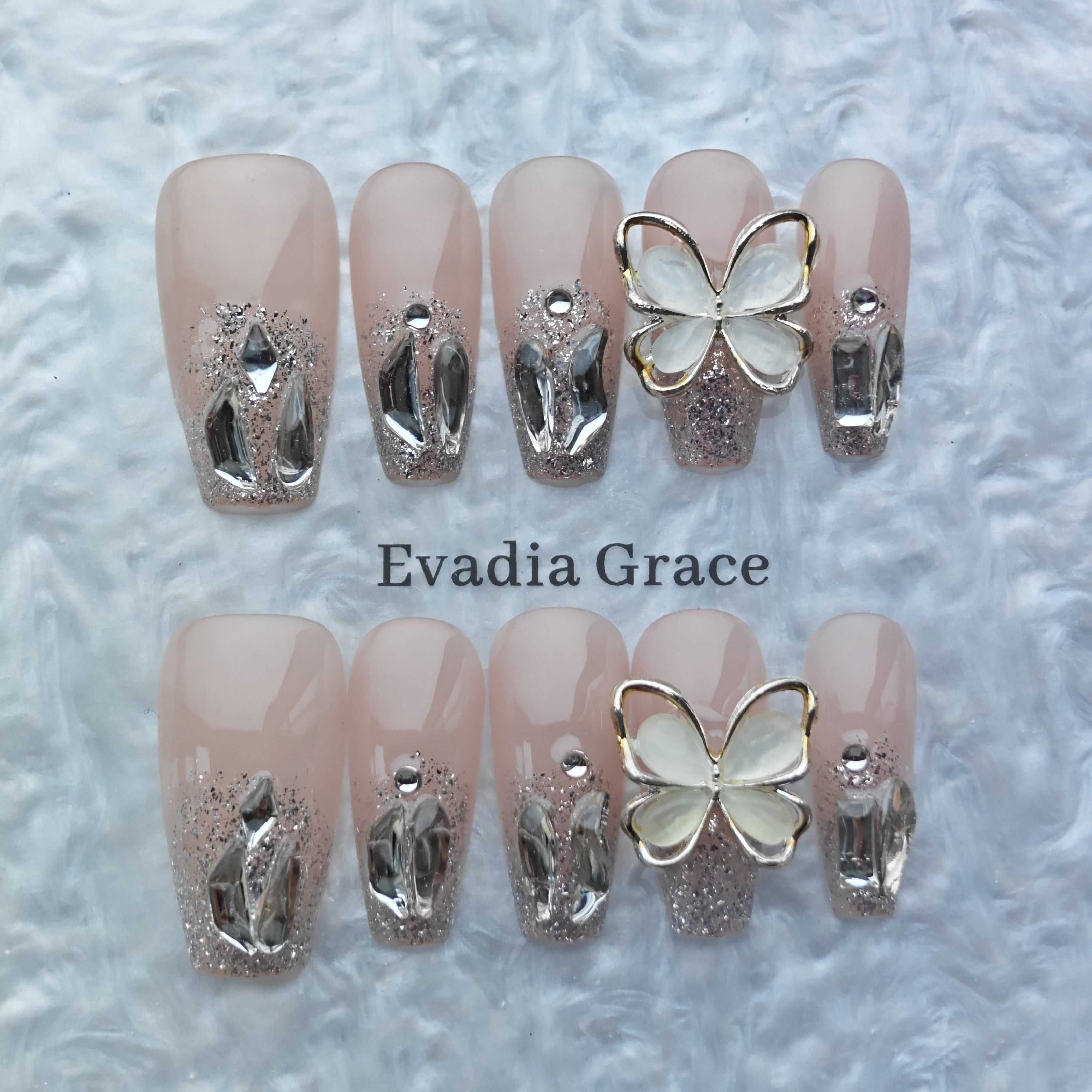 Luxury Nude Glitter Press-On Nails with 3D Butterfly & Silver Crystal Accents