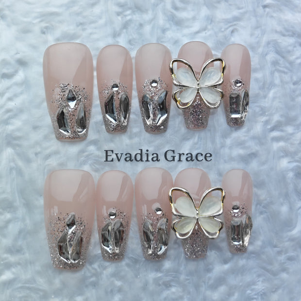 Luxury Nude Glitter Press-On Nails with 3D Butterfly & Silver Crystal Accents