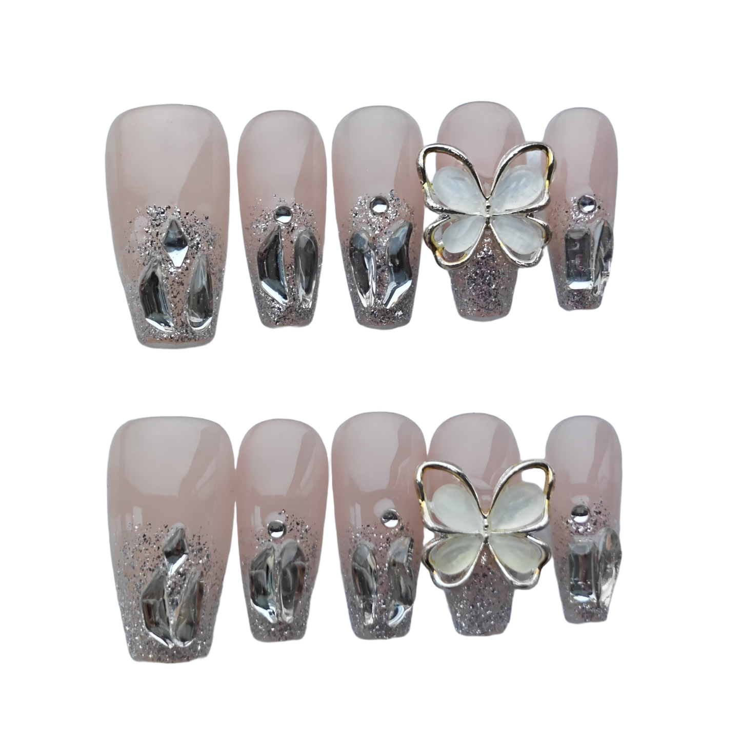 Luxury Nude Glitter Press-On Nails with 3D Butterfly & Silver Crystal Accents