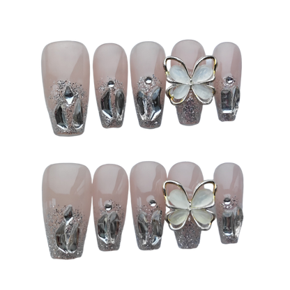 Luxury Nude Glitter Press-On Nails with 3D Butterfly & Silver Crystal Accents