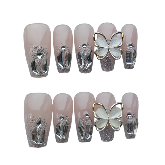 Luxury Nude Glitter Press-On Nails with 3D Butterfly & Silver Crystal Accents