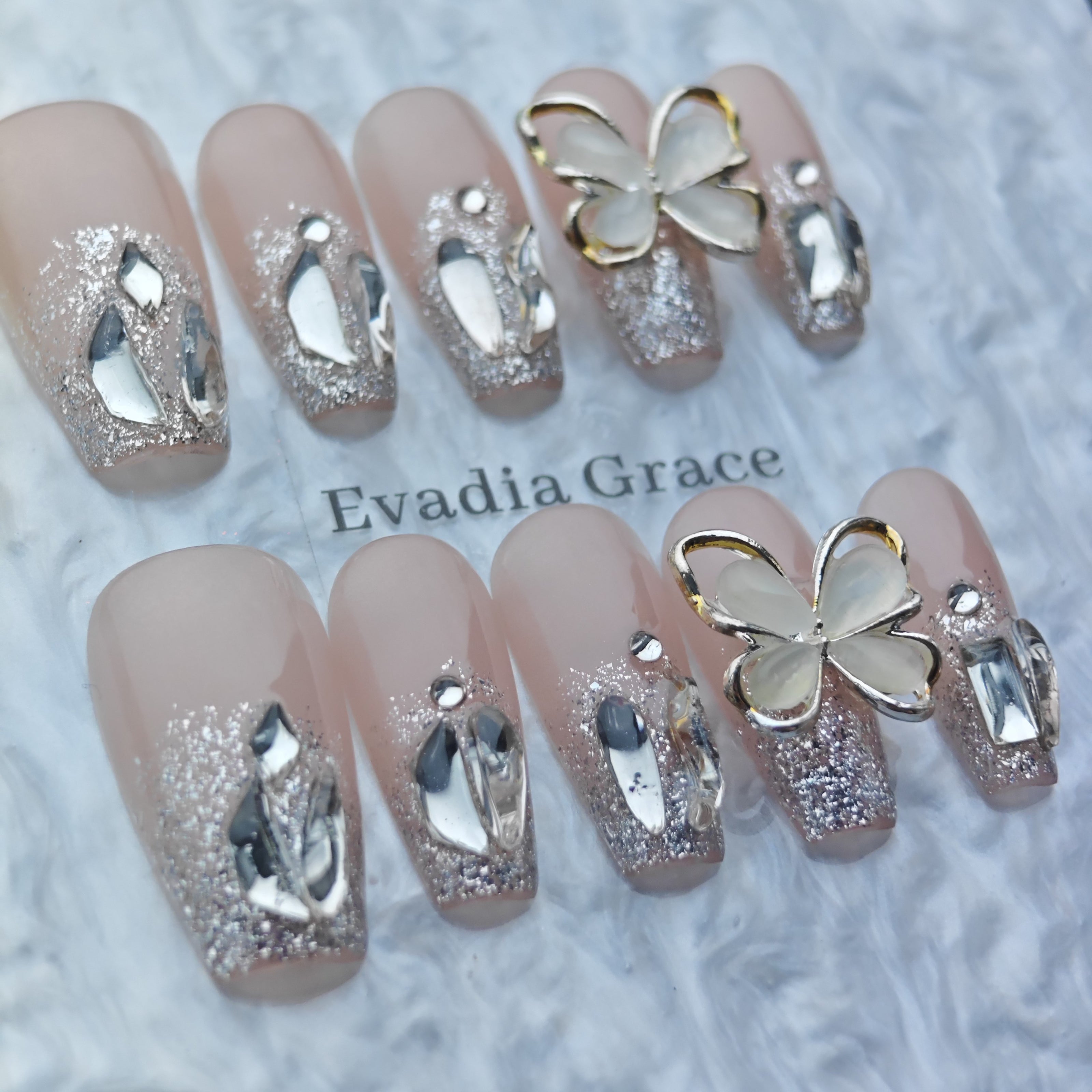 Luxury Nude Glitter Press-On Nails with 3D Butterfly & Silver Crystal Accents