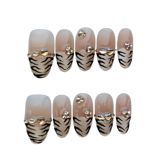 Gold Leopard Print Press-On Nails with Rhinestone Accents