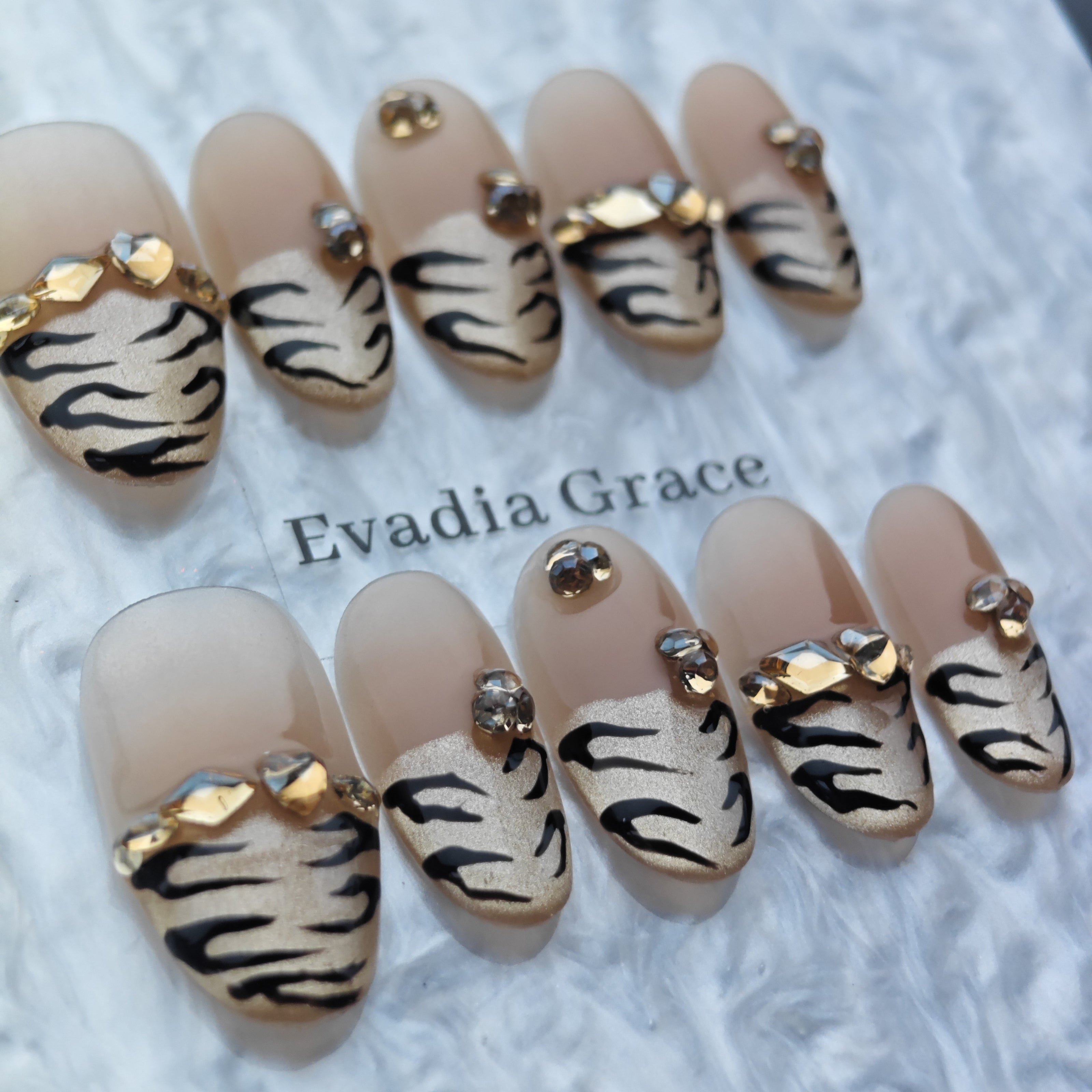 Gold Leopard Print Press-On Nails with Rhinestone Accents