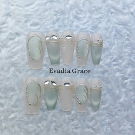 Elegant Silver Green Oval Accent Press-On Nails