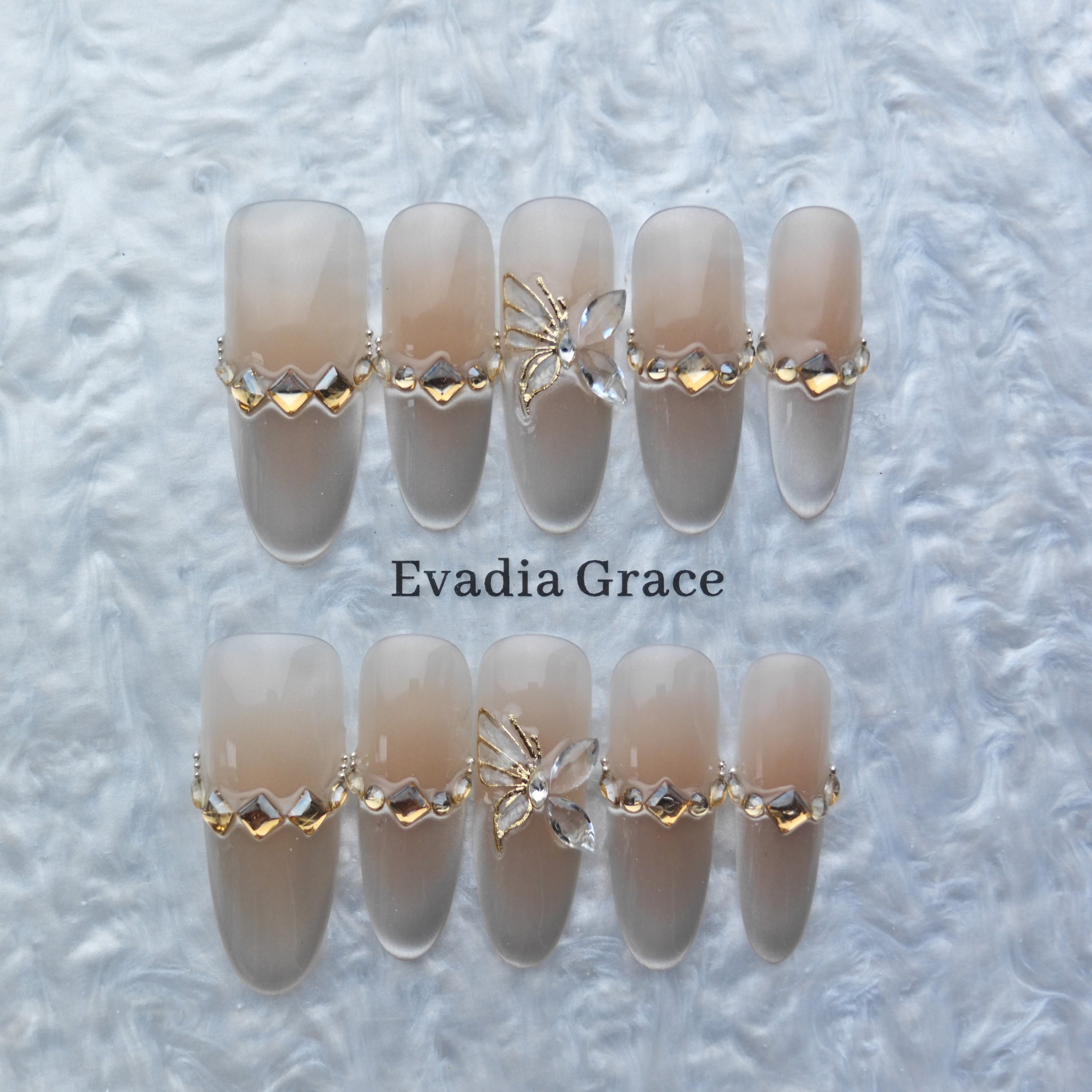 Elegant Nude Crystal Butterfly Press-On Nails
