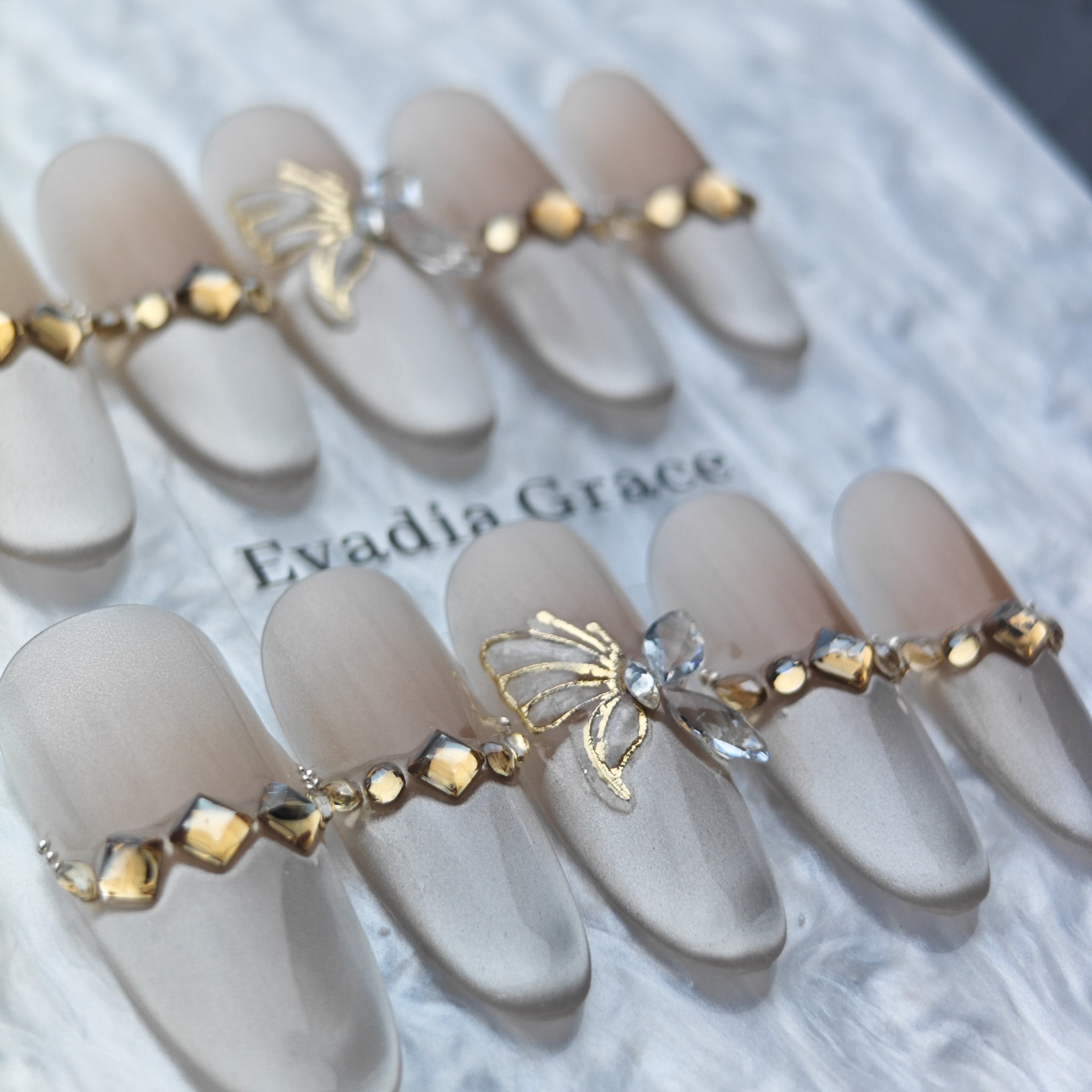 Elegant Nude Crystal Butterfly Press-On Nails