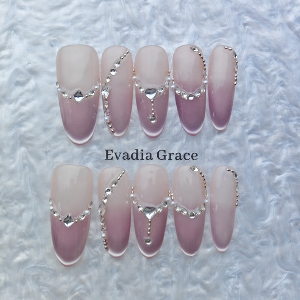 Elegant Pink Ombre Rhinestone French Press-On Nails – Long Coffin Luxury Design