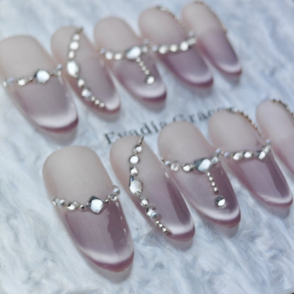 Elegant Pink Ombre Rhinestone French Press-On Nails – Long Coffin Luxury Design