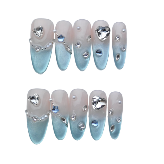 Blue Diamond Heart French Press-On Nails