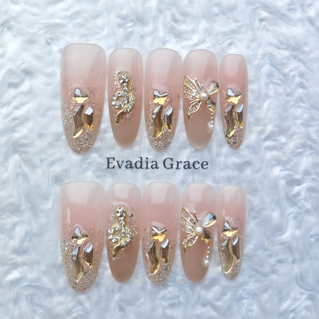 Luxury Glitter Butterfly Nude Press-On Nails – Crystal & Gold 3D Nail Art