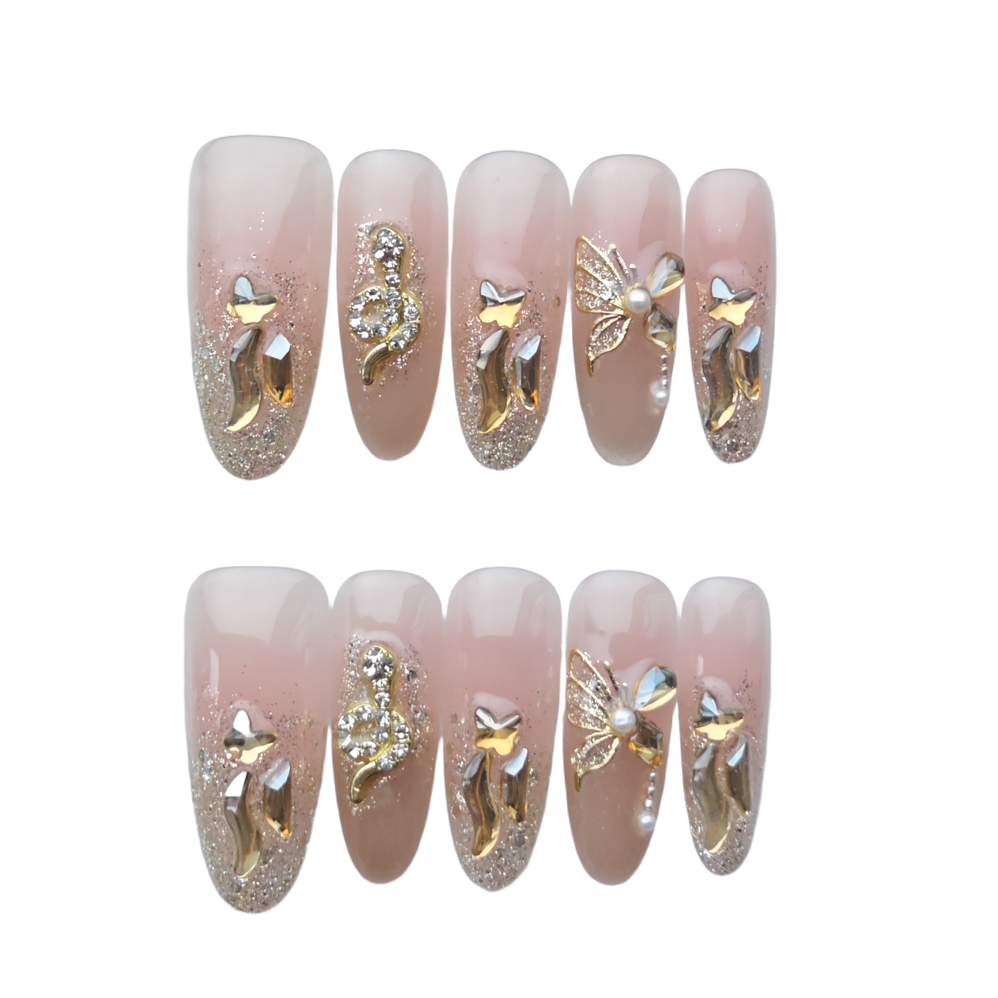 Luxury Glitter Butterfly Nude Press-On Nails – Crystal & Gold 3D Nail Art