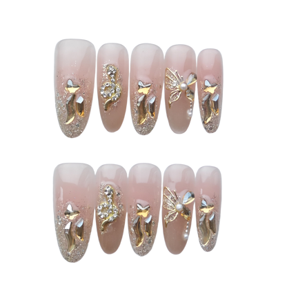 Luxury Glitter Butterfly Nude Press-On Nails – Crystal & Gold 3D Nail Art