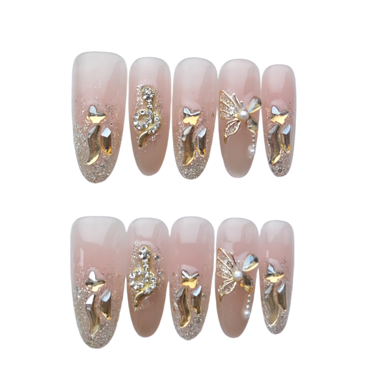 Luxury Glitter Butterfly Nude Press-On Nails – Crystal & Gold 3D Nail Art