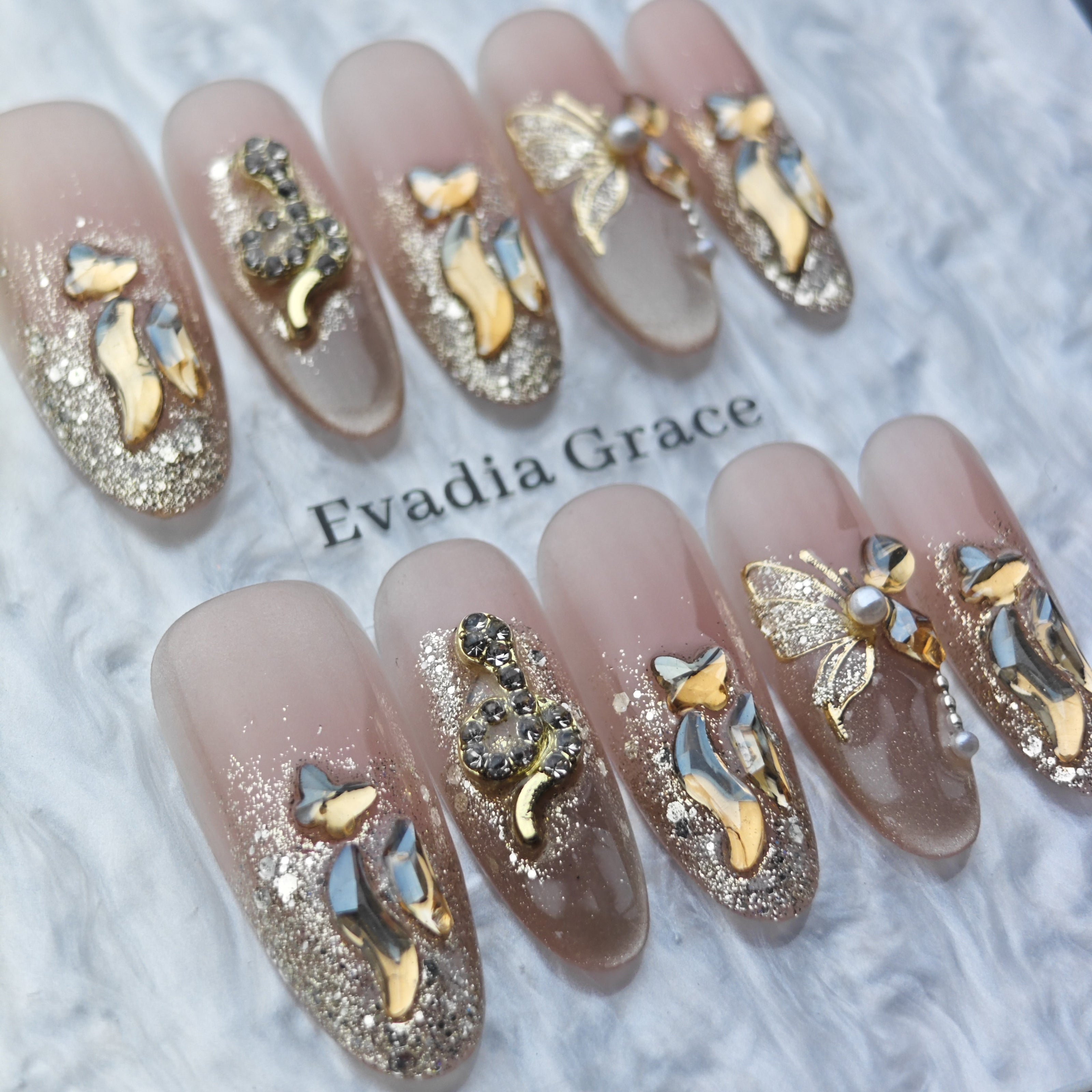 Luxury Glitter Butterfly Nude Press-On Nails – Crystal & Gold 3D Nail Art