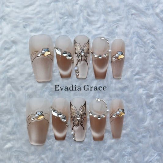 Butterfly Glow Nude Glitter Press-On Nails – Elegant Nude Butterfly Nail Art with Rhinestones