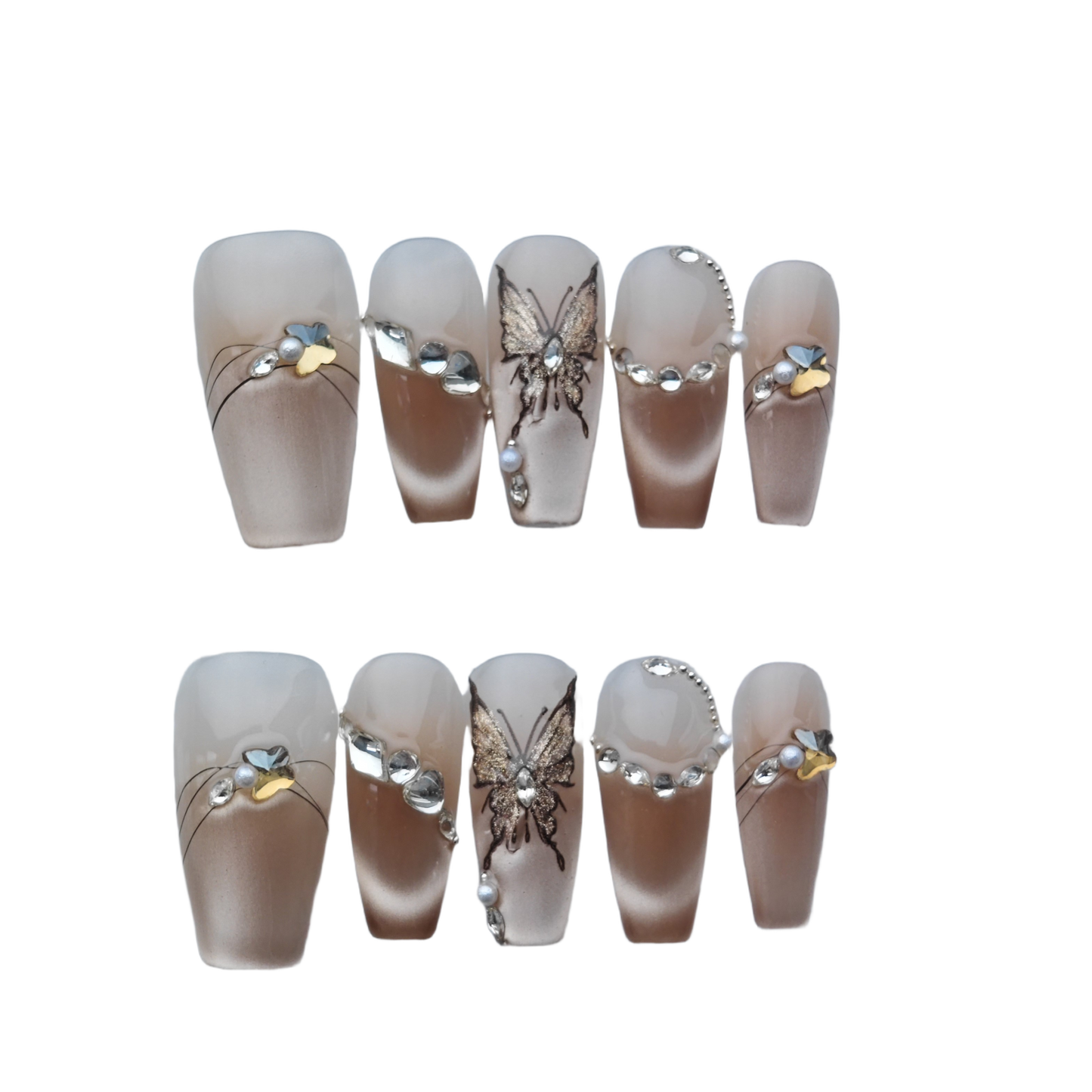 Butterfly Glow Nude Glitter Press-On Nails – Elegant Nude Butterfly Nail Art with Rhinestones