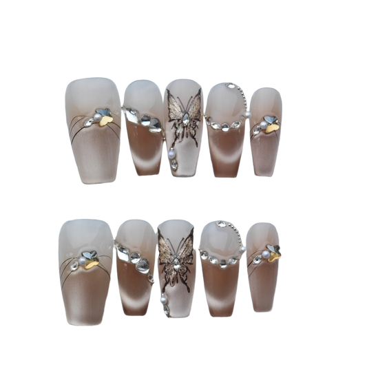 Butterfly Glow Nude Glitter Press-On Nails – Elegant Nude Butterfly Nail Art with Rhinestones