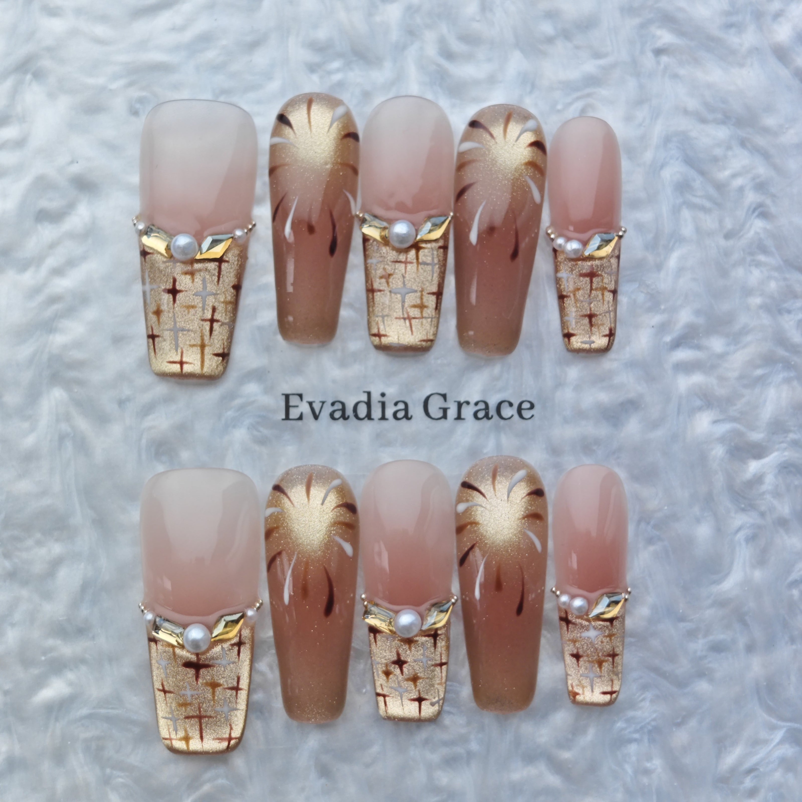 Luxury Nude Gold Glitter Butterfly Press-On Nails – Elegant 3D Crystal Rhinestone False Nails