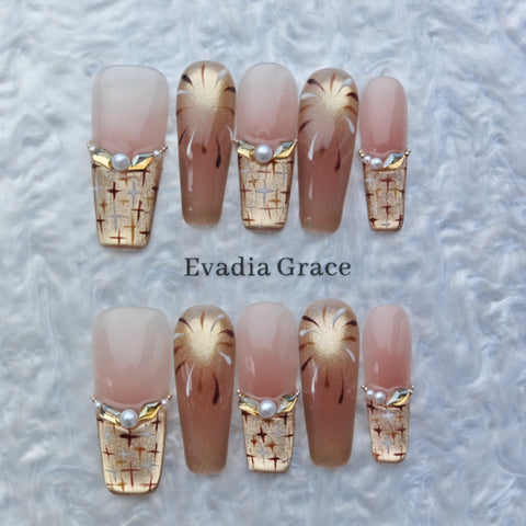 Luxury Nude Gold Glitter Butterfly Press-On Nails – Elegant 3D Crystal Rhinestone False Nails