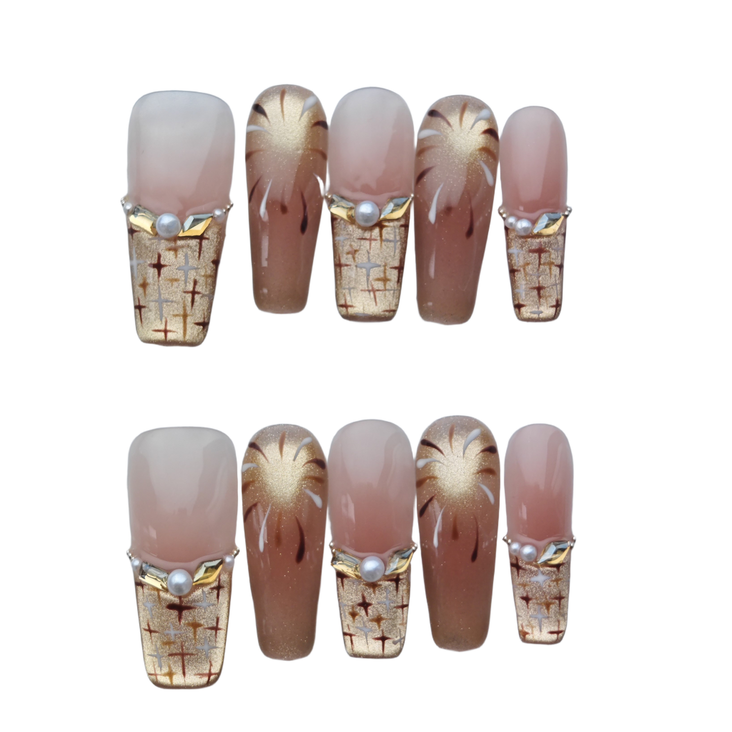 Luxury Nude Gold Glitter Butterfly Press-On Nails – Elegant 3D Crystal Rhinestone False Nails
