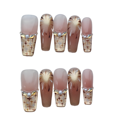 Luxury Nude Gold Glitter Butterfly Press-On Nails – Elegant 3D Crystal Rhinestone False Nails