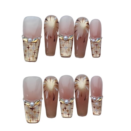 Luxury Nude Gold Glitter Butterfly Press-On Nails – Elegant 3D Crystal Rhinestone False Nails