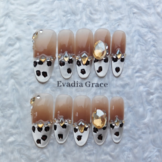 Luxury Leopard Print Brown & Gold Crystal Press-On Nails