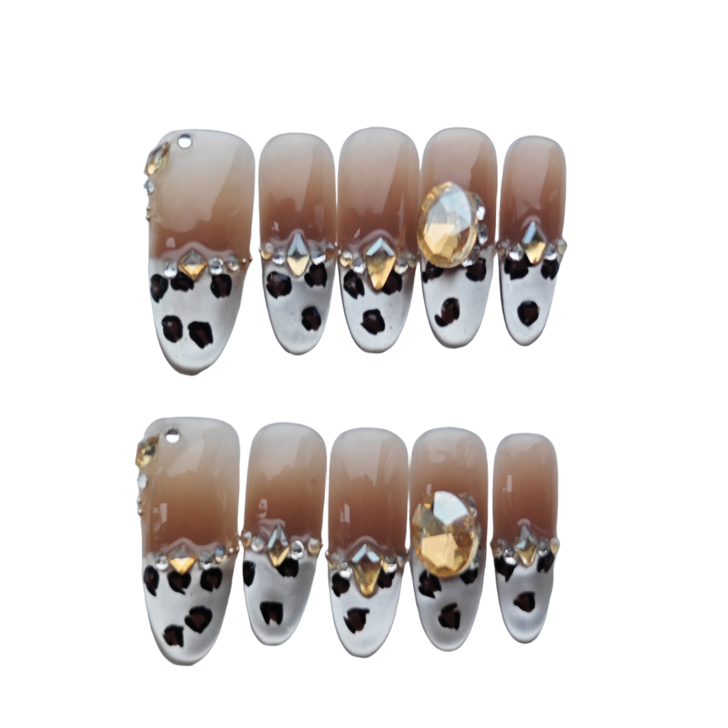 Luxury Leopard Print Brown & Gold Crystal Press-On Nails