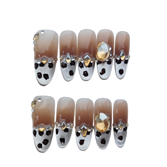 Luxury Leopard Print Brown & Gold Crystal Press-On Nails