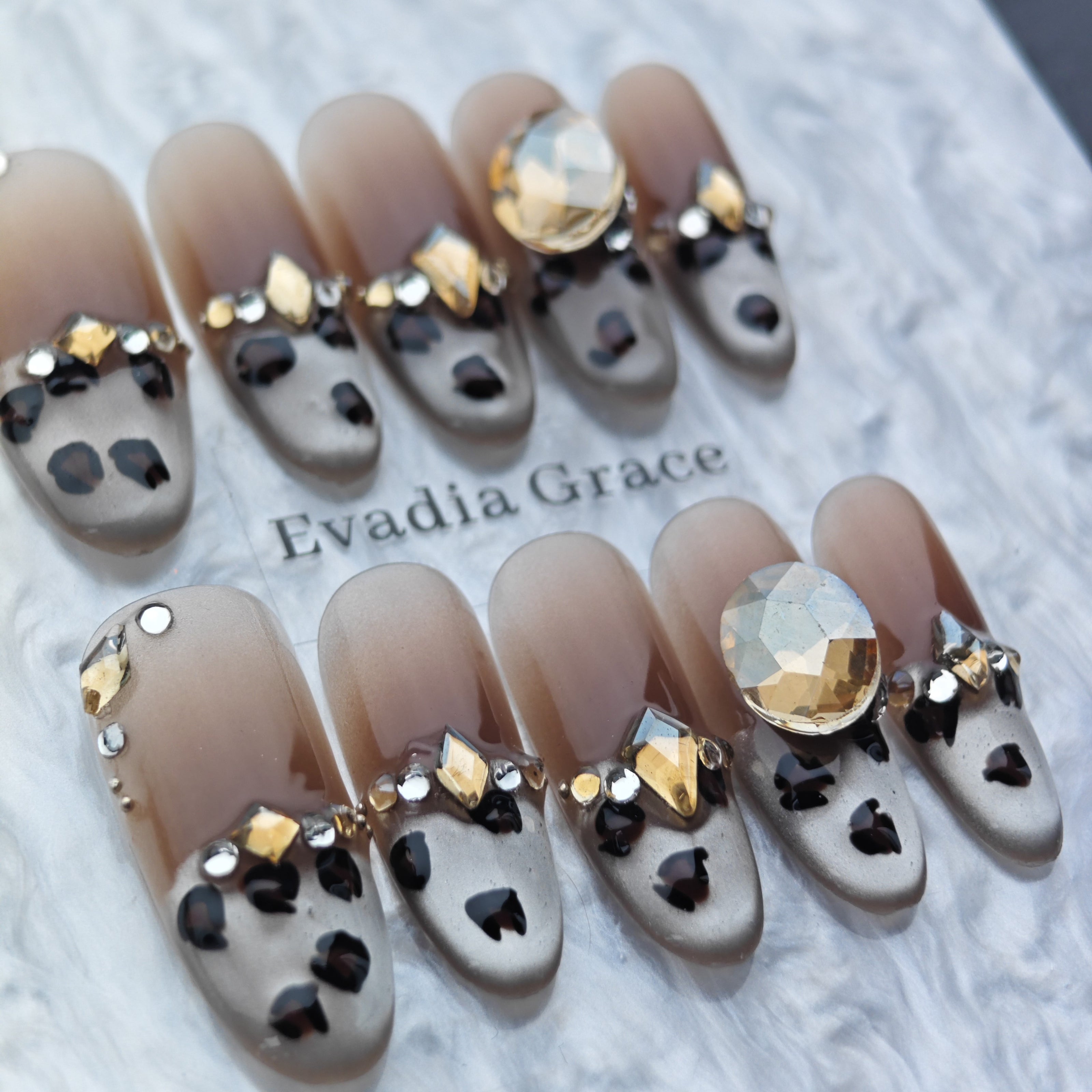 Luxury Leopard Print Brown & Gold Crystal Press-On Nails
