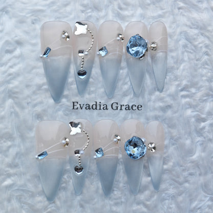 Blue Ombre Press On Nails – 3D Crystal & Silver Heart Charms | Long Stiletto Fake Nails | Luxury Reusable Nail Art Tips