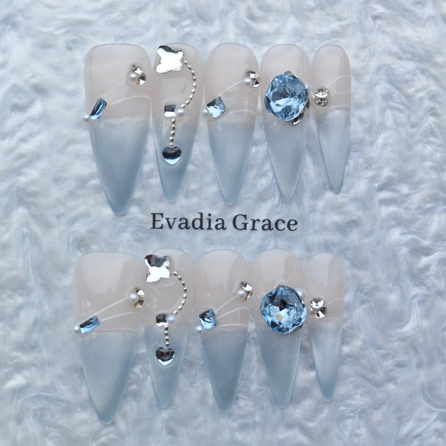 Blue Ombre Press On Nails – 3D Crystal & Silver Heart Charms | Long Stiletto Fake Nails | Luxury Reusable Nail Art Tips