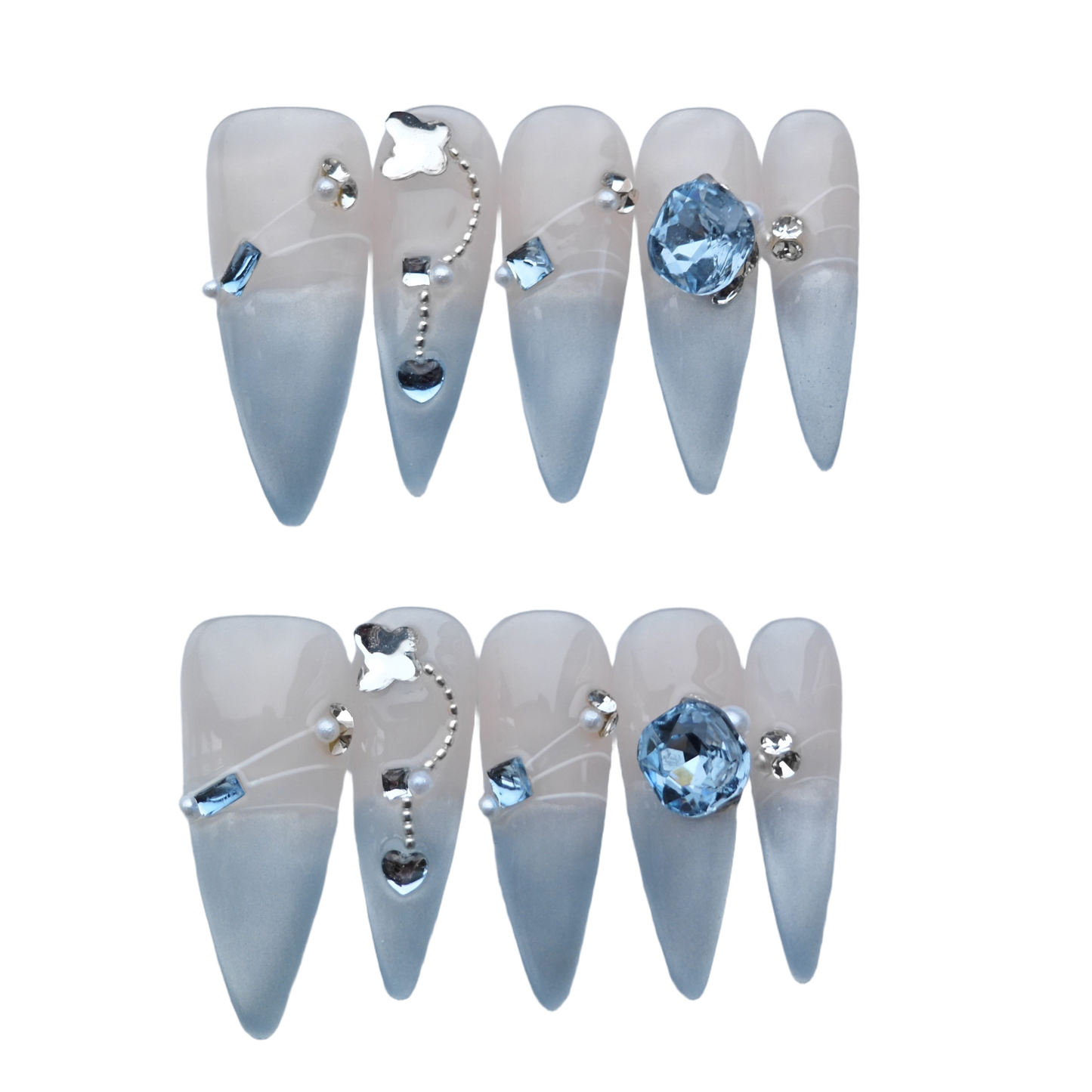 Blue Ombre Press On Nails – 3D Crystal & Silver Heart Charms | Long Stiletto Fake Nails | Luxury Reusable Nail Art Tips