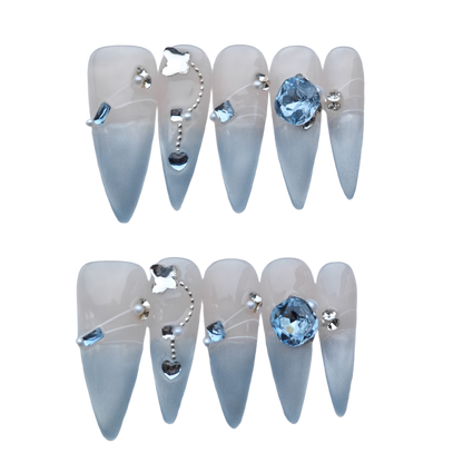 Blue Ombre Press On Nails – 3D Crystal & Silver Heart Charms | Long Stiletto Fake Nails | Luxury Reusable Nail Art Tips