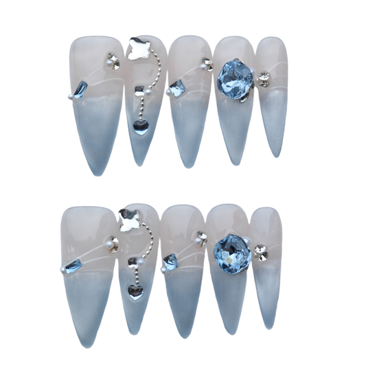 Blue Ombre Press On Nails – 3D Crystal & Silver Heart Charms | Long Stiletto Fake Nails | Luxury Reusable Nail Art Tips