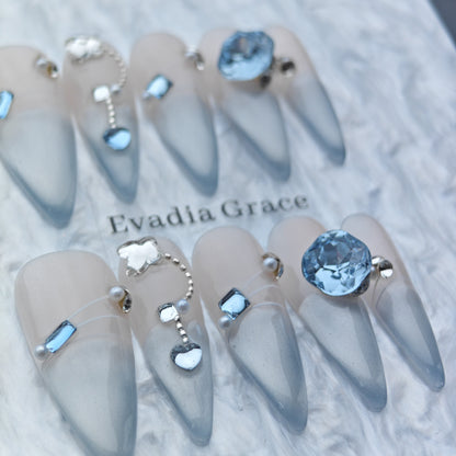 Blue Ombre Press On Nails – 3D Crystal & Silver Heart Charms | Long Stiletto Fake Nails | Luxury Reusable Nail Art Tips