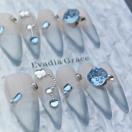 Blue Ombre Press On Nails – 3D Crystal & Silver Heart Charms | Long Stiletto Fake Nails | Luxury Reusable Nail Art Tips