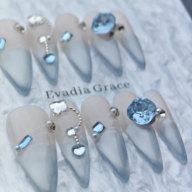 Blue Ombre Press On Nails – 3D Crystal & Silver Heart Charms | Long Stiletto Fake Nails | Luxury Reusable Nail Art Tips