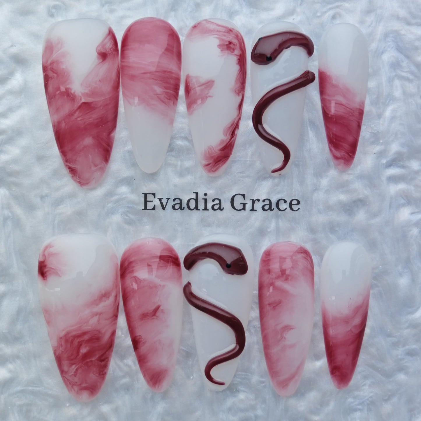 Marble Red and White Press On Nails – 3D Snake Design | Long Coffin Fake Nails | Reusable Luxury Nail Art Tips