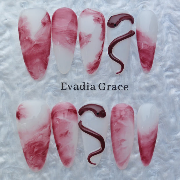 Marble Red and White Press On Nails – 3D Snake Design | Long Coffin Fake Nails | Reusable Luxury Nail Art Tips