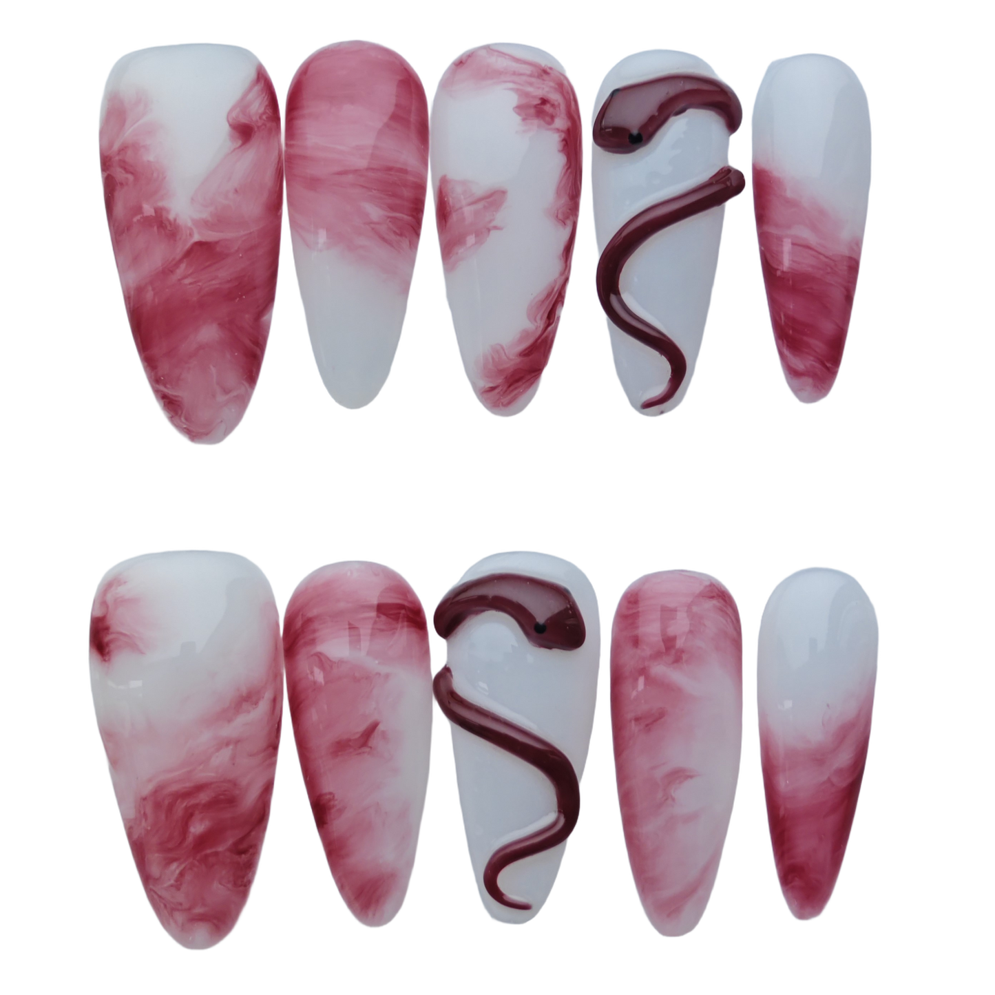 Marble Red and White Press On Nails – 3D Snake Design | Long Coffin Fake Nails | Reusable Luxury Nail Art Tips