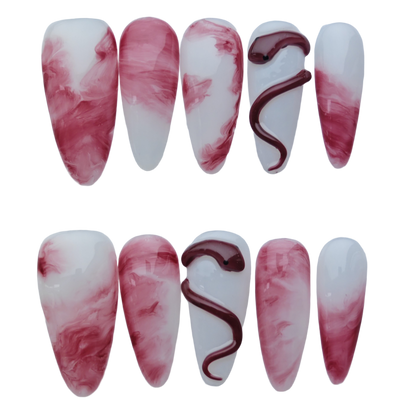 Marble Red and White Press On Nails – 3D Snake Design | Long Coffin Fake Nails | Reusable Luxury Nail Art Tips