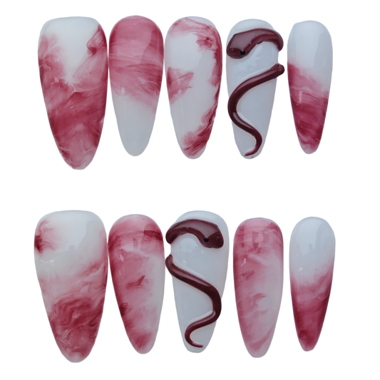 Marble Red and White Press On Nails – 3D Snake Design | Long Coffin Fake Nails | Reusable Luxury Nail Art Tips