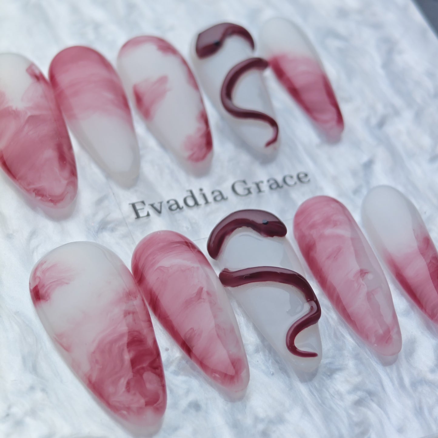 Marble Red and White Press On Nails – 3D Snake Design | Long Coffin Fake Nails | Reusable Luxury Nail Art Tips