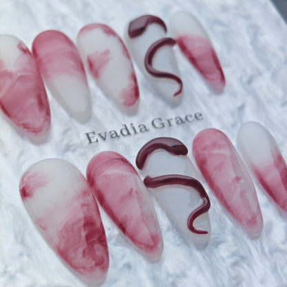 Marble Red and White Press On Nails – 3D Snake Design | Long Coffin Fake Nails | Reusable Luxury Nail Art Tips