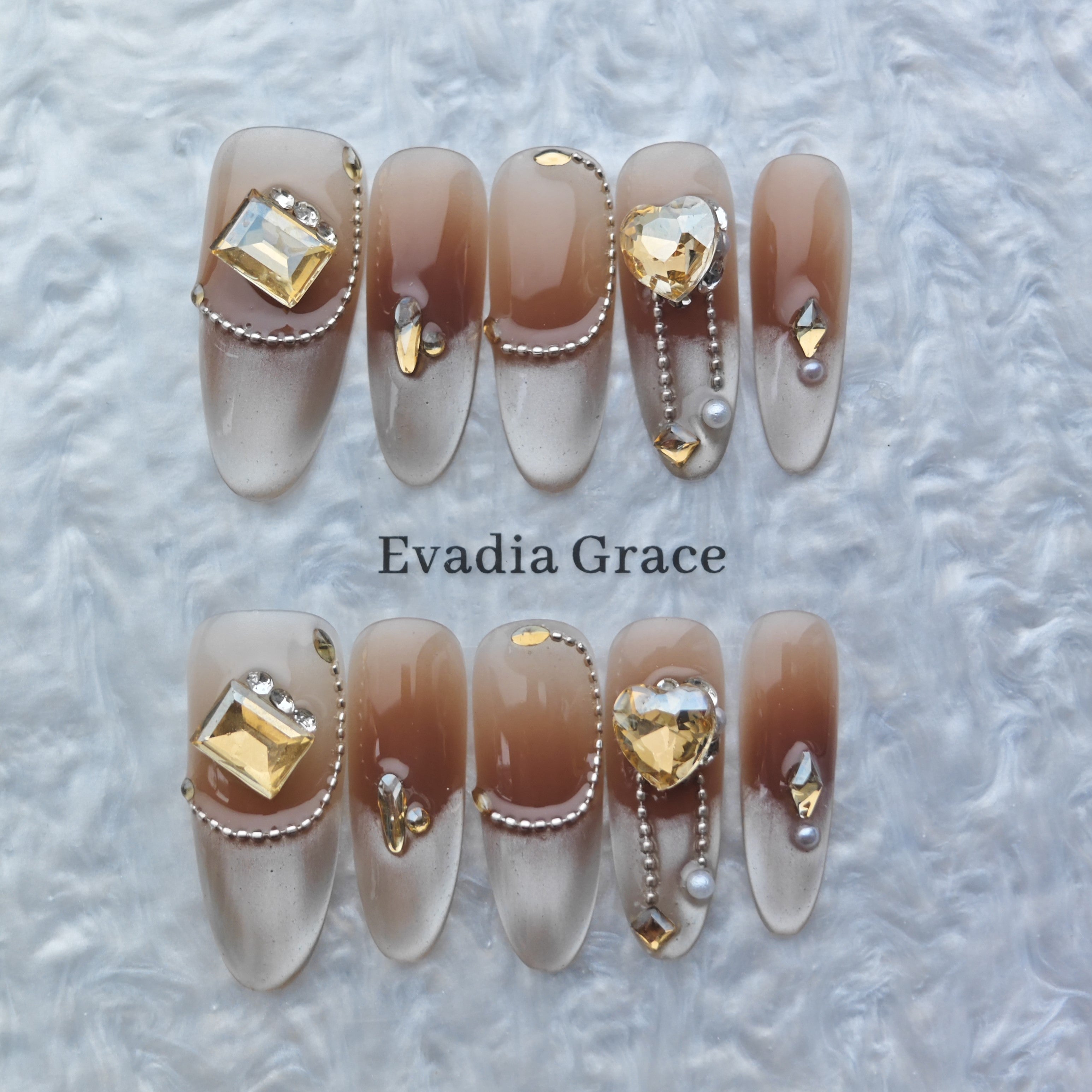 Brown Ombre Luxury Press-On Nails – 3D Gold Crystal & Pearl Accents | Long Coffin Reusable Nail Tips | Elegant Luxury Nail Art