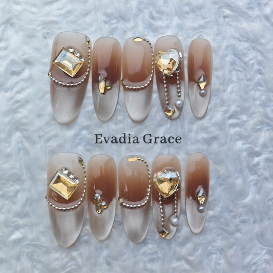 Brown Ombre Luxury Press-On Nails – 3D Gold Crystal & Pearl Accents | Long Coffin Reusable Nail Tips | Elegant Luxury Nail Art