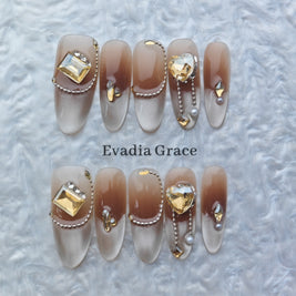 Brown Ombre Luxury Press-On Nails – 3D Gold Crystal & Pearl Accents | Long Coffin Reusable Nail Tips | Elegant Luxury Nail Art